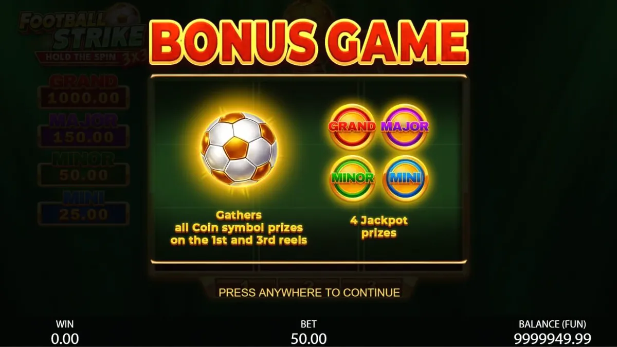 Tampilan antarmuka slot 3x3 Football Strike: Hold the Spin dengan tema stadion sepak bola.