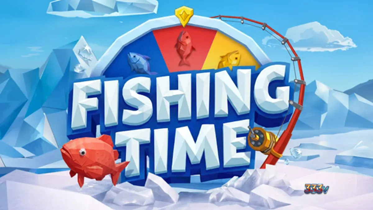 Tampilan visual game Fishing Time dengan roda keberuntungan dan tema memancing es.